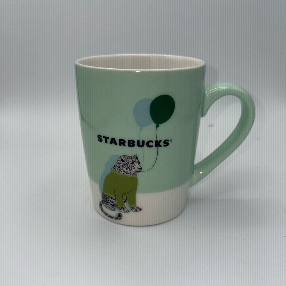Starbucks Pastel Green Mug with Leopard and Balloon 2020 10 oz